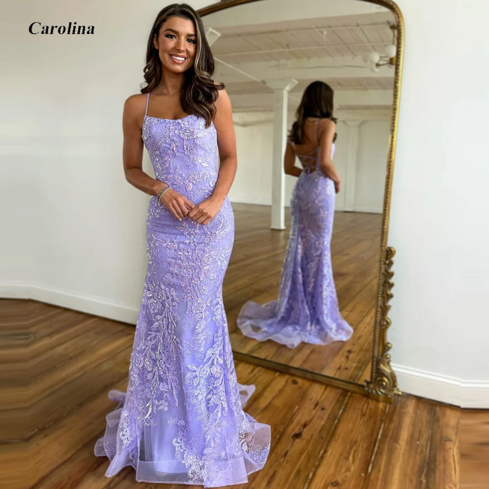 

Spaghetti Straps Prom Gown Lace Elegant Mermaid Occasion Dress Robe De Soirée Women Sleeveless Purple Evening Party Dress