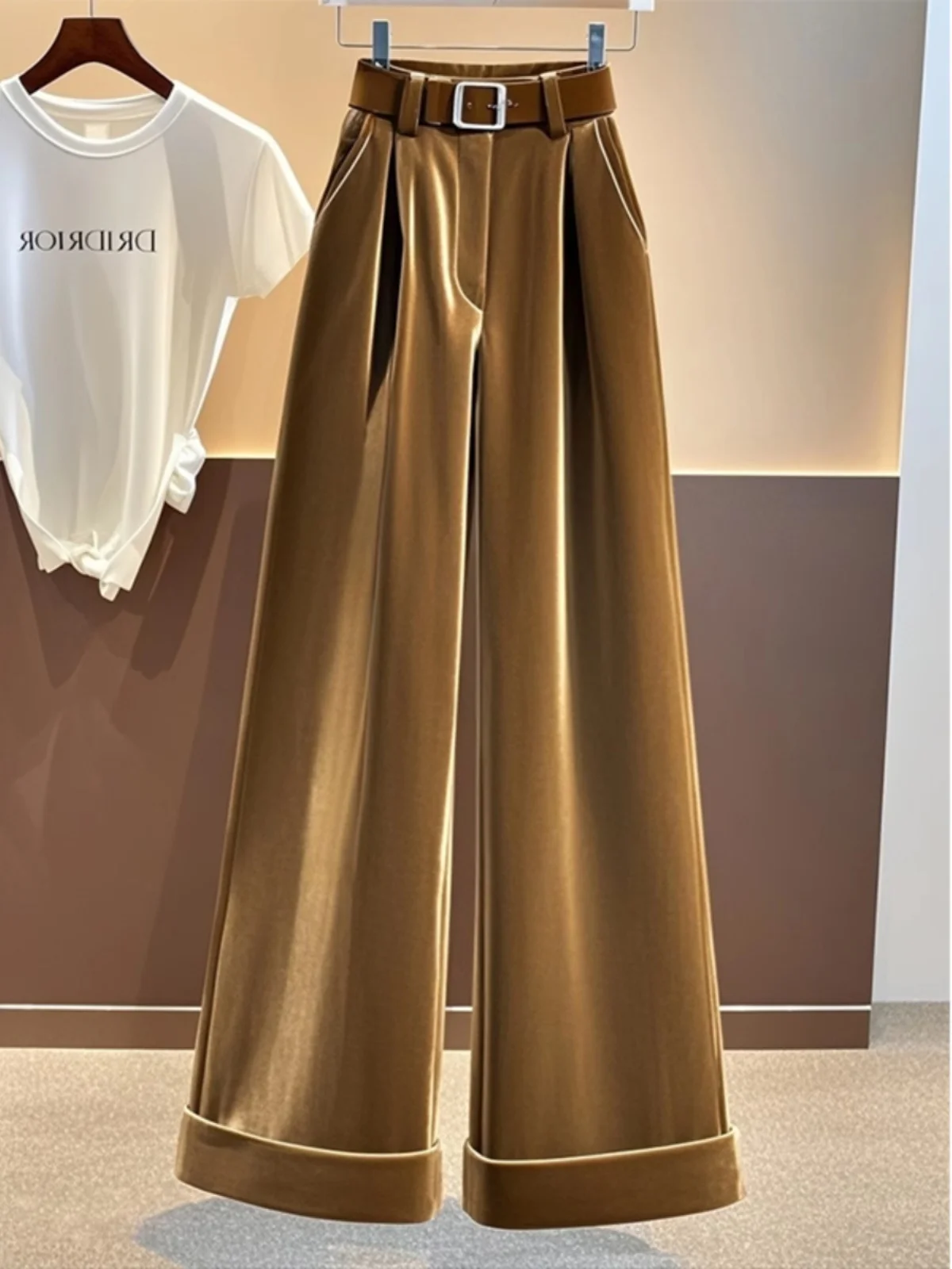 Plus Size 2024 Popular New Small Casual Loose Straight Pants High Waist Slimming Coffee Color Velvet Wide Leg Women Winter