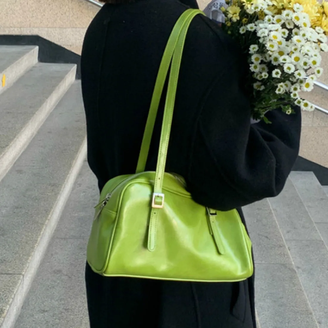 

Pu Fashion Green Leather Tote Handbags Women Shoulder Bags Simple Design Solid Color Ladies Vintage Black Female Underarm Bag