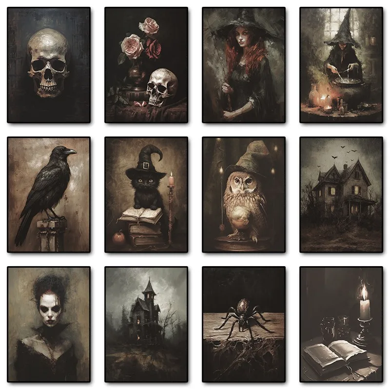 

Dark Academia Gothic Vintage Poster Print Ghost Skull Black Cat Witch Haunted House Canvas Painting Halloween Wall Picture Decor