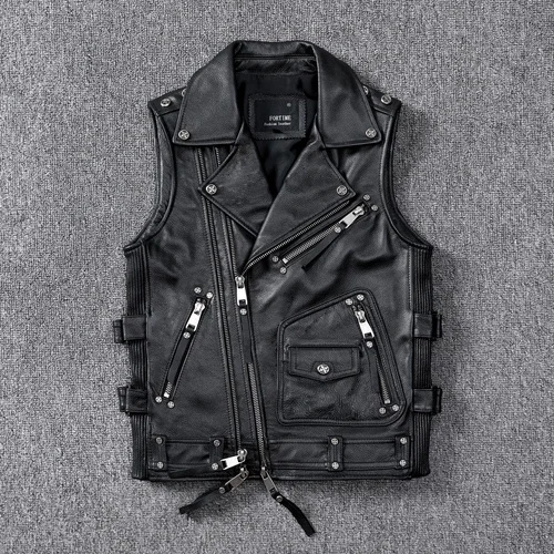 

100% Genuine Jacket Men Vintage Cowhide Coat Spring Autumn Mens Leather Motorcycle Jackets Black Vest Chaquetas Hombre