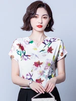 woman tshirts v neck chiffon print shirts for women 2022 summer silk fashion ladies top short sleeves vintage tops floral tees