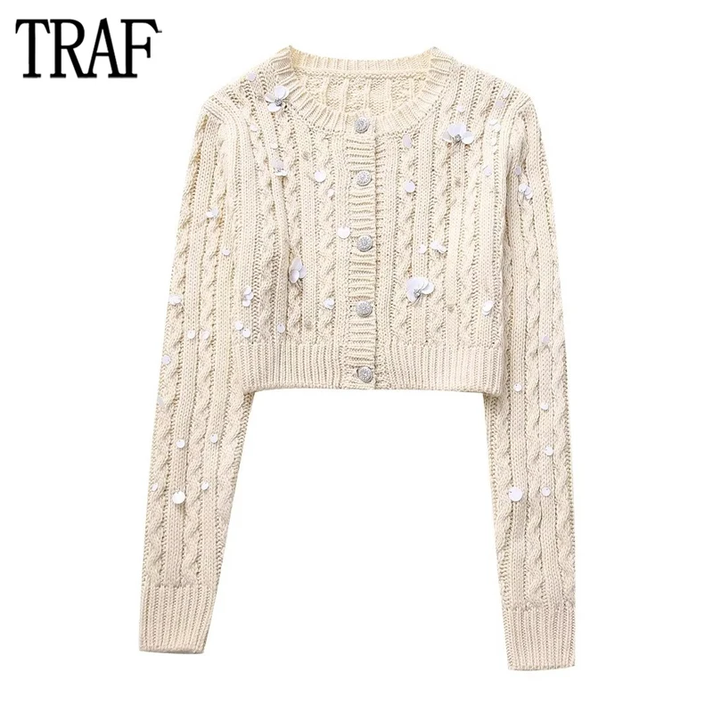 

TRAF 2023 Cropped Cardigans for Woman Beads Knitted Sweater Cardigan Women Long Sleeve Button Female Cardigan Autumn Knitwears