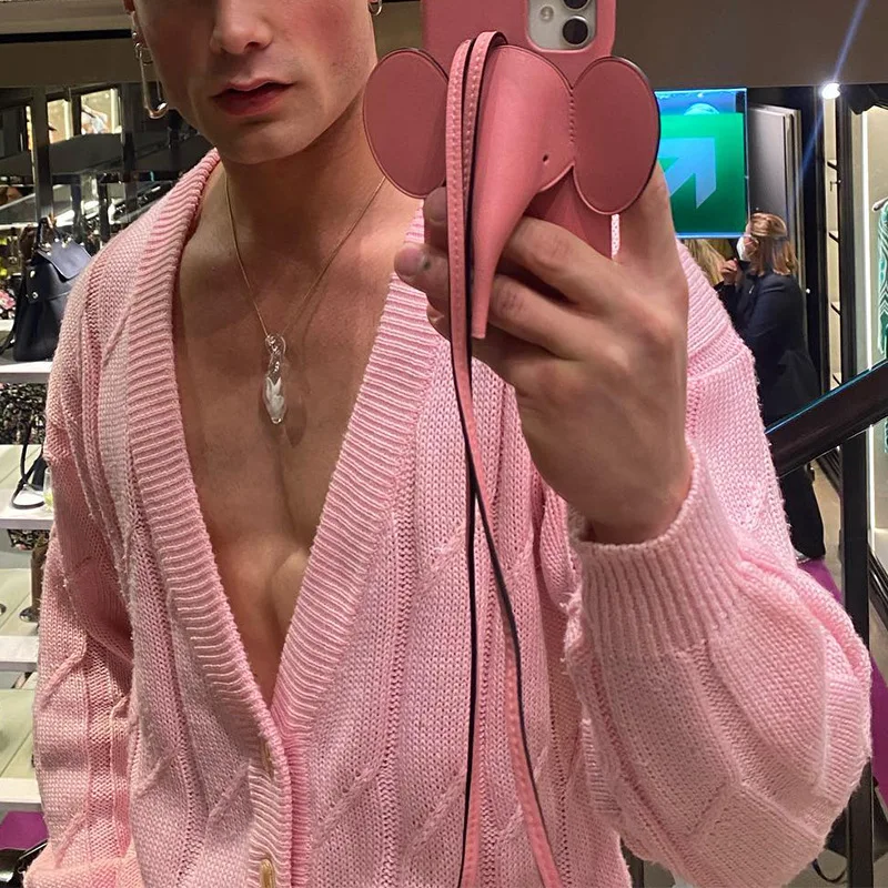 Повседневный свободный розовый свитер кардиган мужские трикотажные куртки