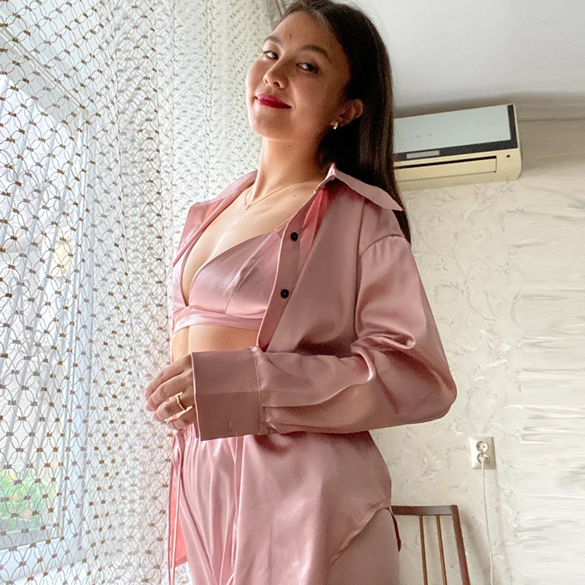 Restve Casual Pajamas For Women 3 Piece Set Turn Down Collar Long Sleeve Tops Bra Female Sets With Pants Solid Home Wear 2022