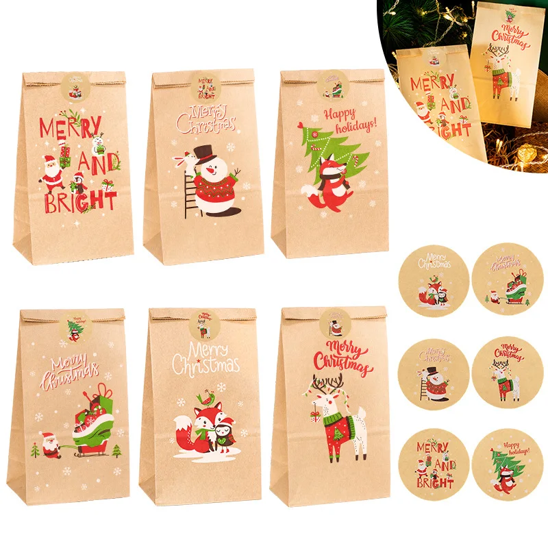 

24Sets Christmas Kraft Paper Bags Santa Claus Snowman Xmas Party Favor Bag Candy Cookie Pouch Navidad Gift Wrapping Supplies