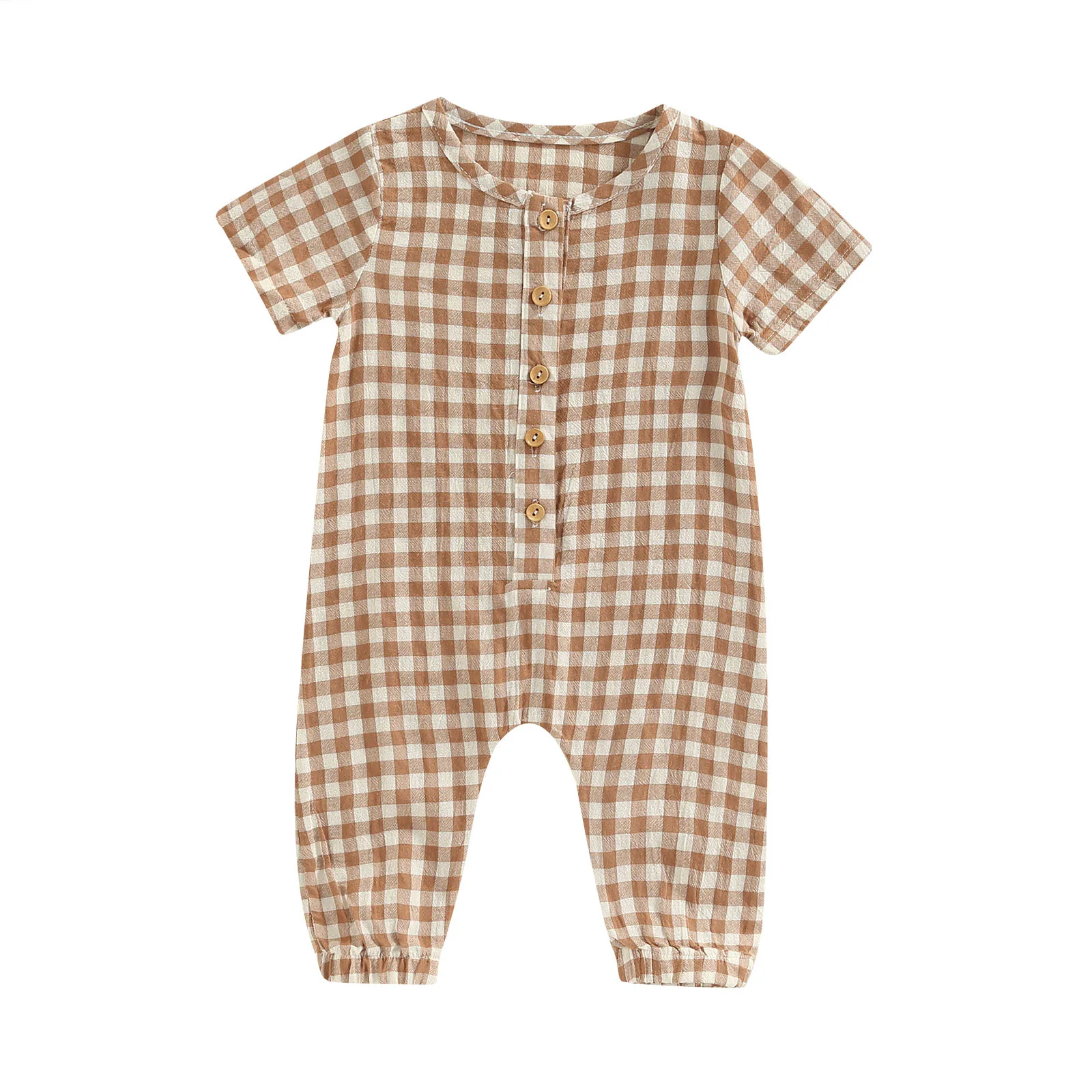 

Baby Girl's Romper, Short Sleeve Half Button Plaid Printed Bodysuit Jumpsuit for 0-24 Months Old