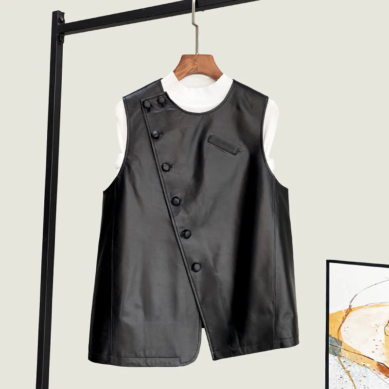 Autumn Winter 2022 New Genuine Leather Jacket Women's Simple Versatile Round Neck Sleeveless Coat Loose Slim Vest Jaqueta Cjk574