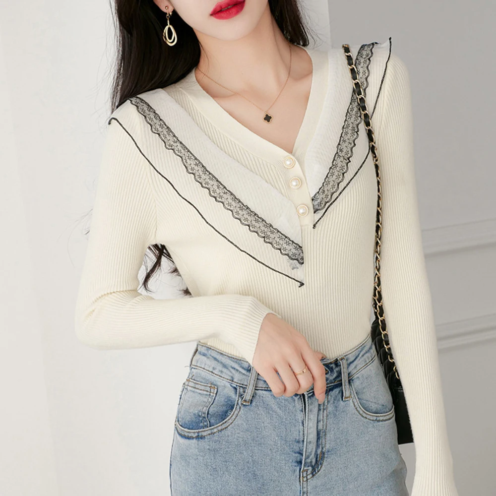 

Ladies Knitted Sweater 2022 Sweet Lace Stitching Spring New Slim Bottoming Shirt Ladies Slim Top Korean Fashion V-neck Pullover