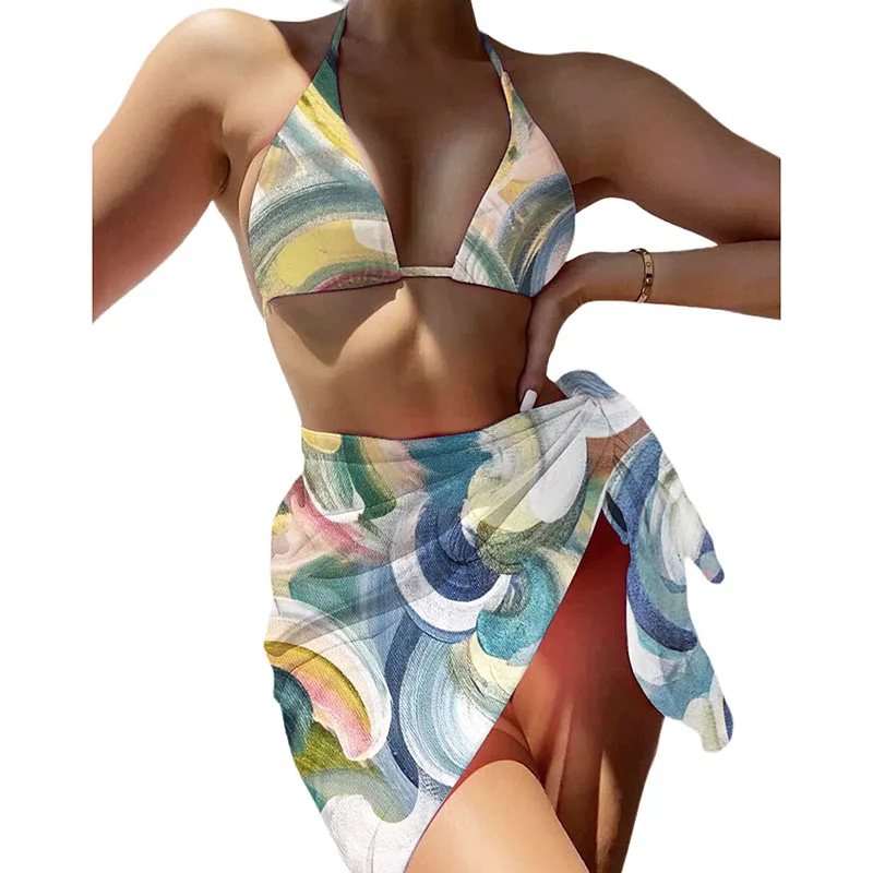 

Women Bikini Set, Lacing Halterneck Bra Briefs with Tie Skirt Summer Bathing Swimsuit, 8 Colors