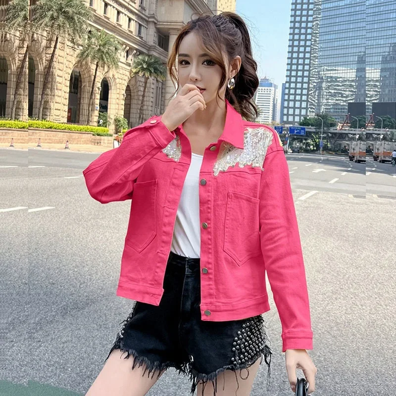 

Spring New Hollow Out Mesh Diamonds Slim Short Solid Color Denim Jacket Chic Pocket Women Lapel Long Sleeve Jeans Jacket Coat