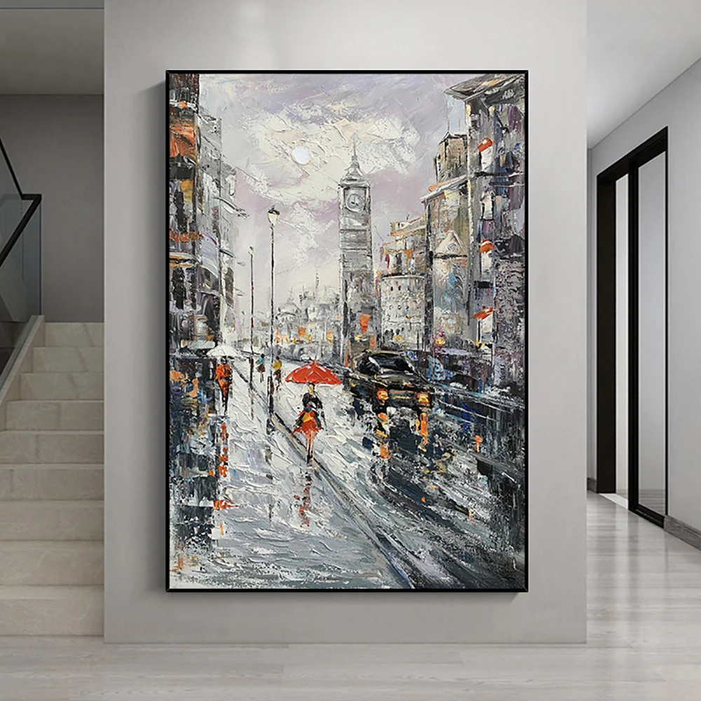 

Hand Painted Oil Painting Canvas Pedestrian Landscape Mural Living Room Wall Art Decor Street View Large Size Abstract Pictures