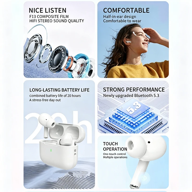 Беспроводная Bluetooth-гарнитура Airs Pro, наушники TWS, Hi-Fi наушники, водонепроницаемые наушники с шумоподавлением, сенсорное управление для всех телефонов (art.: 3920db97d35e5) - 3920db97d35e5