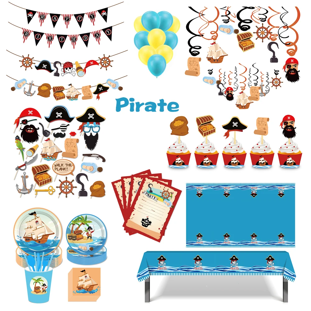 

Pirate Theme Kids Birthday Party Disposable Tableware Paper Cup Plates Napkins Banner Tablecloths Baby Shower Party Supplies