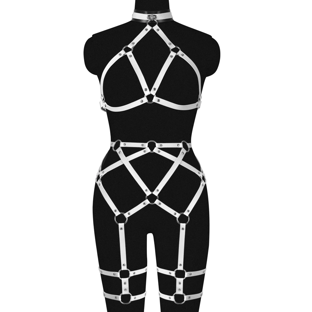 

Women Goth White Lingerie Leg Leather Suspender Cage Top Harness Sword Belt Stocking Sexy Garter Belt Erotic Thigh Body Bondage