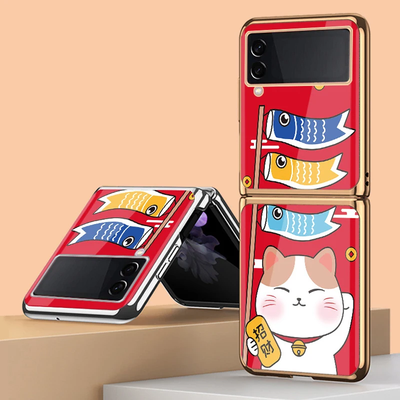 

Z Flip 4 Funda Case for Samsung Galaxy Z Flip 4 3 2 1 Carp Cute Lovely Lucky Cat Plating Tempered Glass Phone Case Cover
