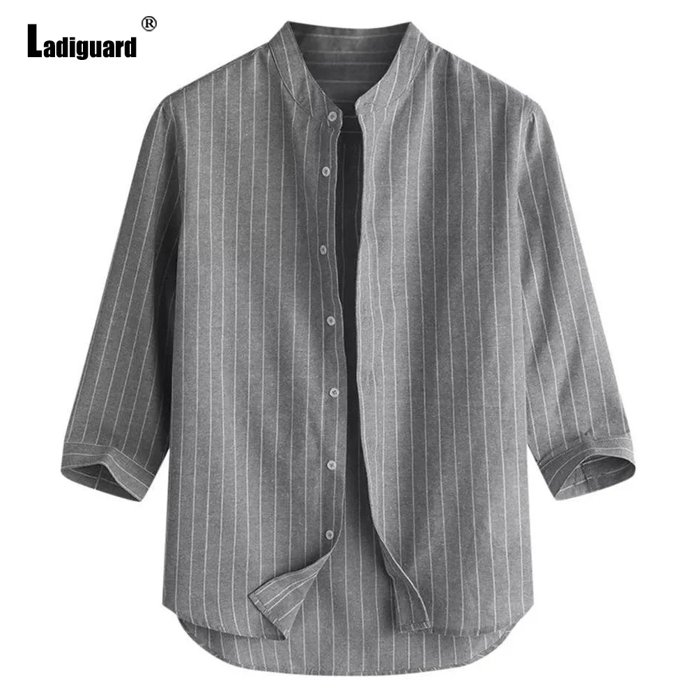 Ladiguard Plus Size Mens Three Quarter Sleeve Casual Linen Shirts Male Fashion Stripes Tops Blouse 2023 New Summer Beach Shirt