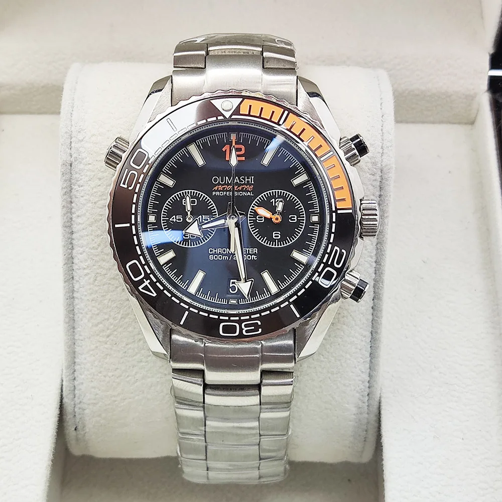 

42mm men's watch quartz movement chronograph features waterproof calendar display stainless steel 904L