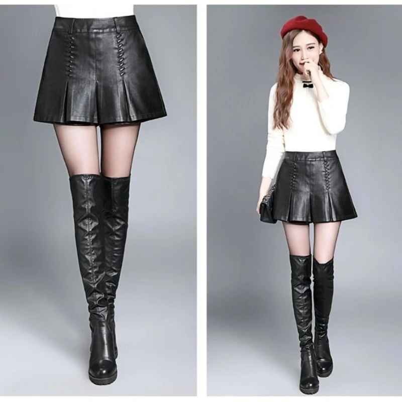 

Woman High Elastic Waist Real Leather Shorts Female Moto Biker Shorts Skinny Black Autumn Lady Genuine Leather Shorts Femme G273