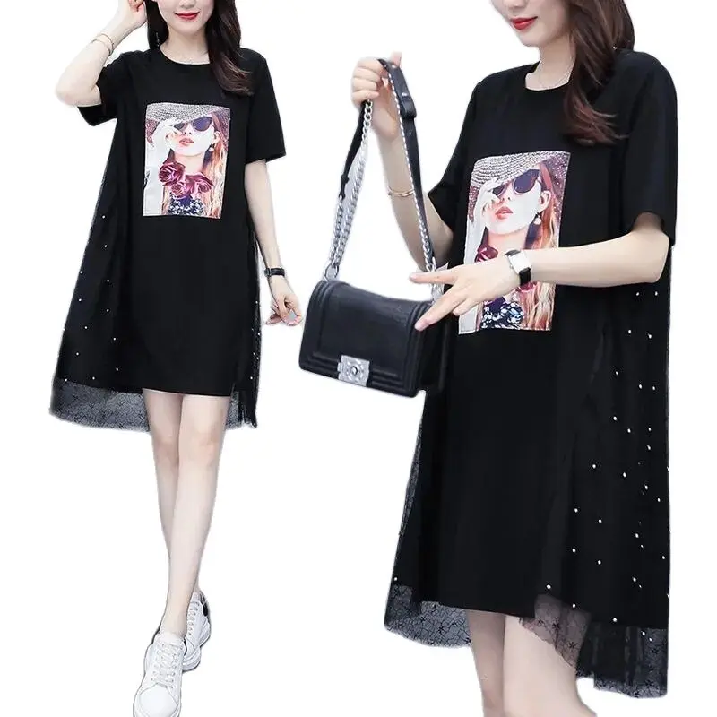 

Dress Korean Style Fashion Summer Dresses Woman 2022 New Large Size Loose Slim Dress Mesh Stitching Age-Reducing Dress