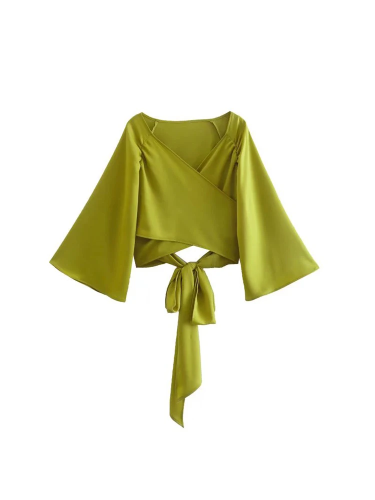 

Лето 2022, женская короткая блестящая модная однотонная атласная Женская Повседневная Уличная блузка с V-образным вырезом, одежда