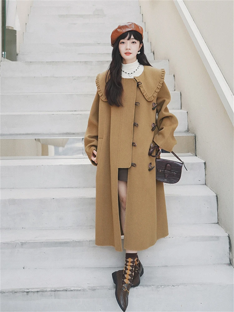 

Vintage Elegant Big Lapel Horn Button Woolen Jacket Trench Coat 2022 Winter Preppy Style Loose Korean Casual Long Overcoat 5918