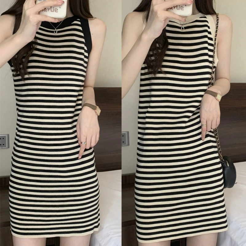 

N7YD Rib Knit Sundress Sleeveless Striped Dress Casual Loose Bodycon Dresses