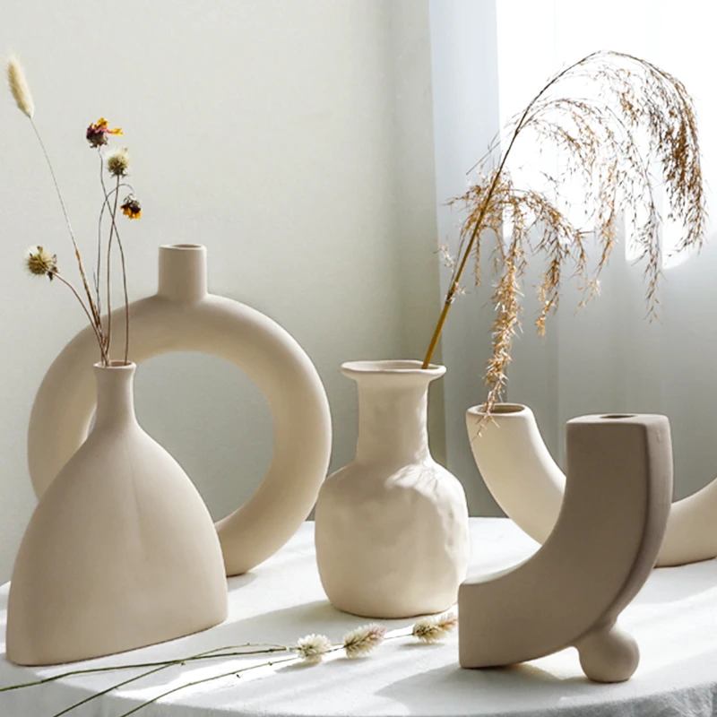 Nordic Minimalist Style Ceramic Flower Vase Dried Flowers Arrangement Ornaments Table Aesthetic Art Living Room Decor 2
