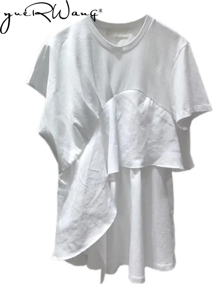 

Yuerwang Women T Shirt Cotton Lotus Short Sleeves Asymmetrical Tshirt White Black New 2022 Spring Summer Casual Women Tops