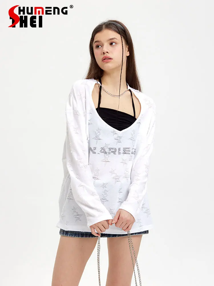 

Милая популярная тонкая футболка миди с длинным рукавом на шнуровке для девушек, Новинка лета 2023, свободные женские футболки и жилет на бретельках, комплект из двух предметов