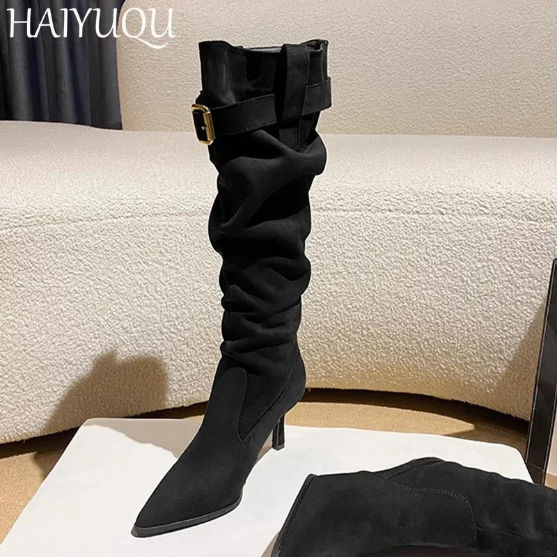 Женские привлекательные высокие ботинки с острым носком элегантная обувь на