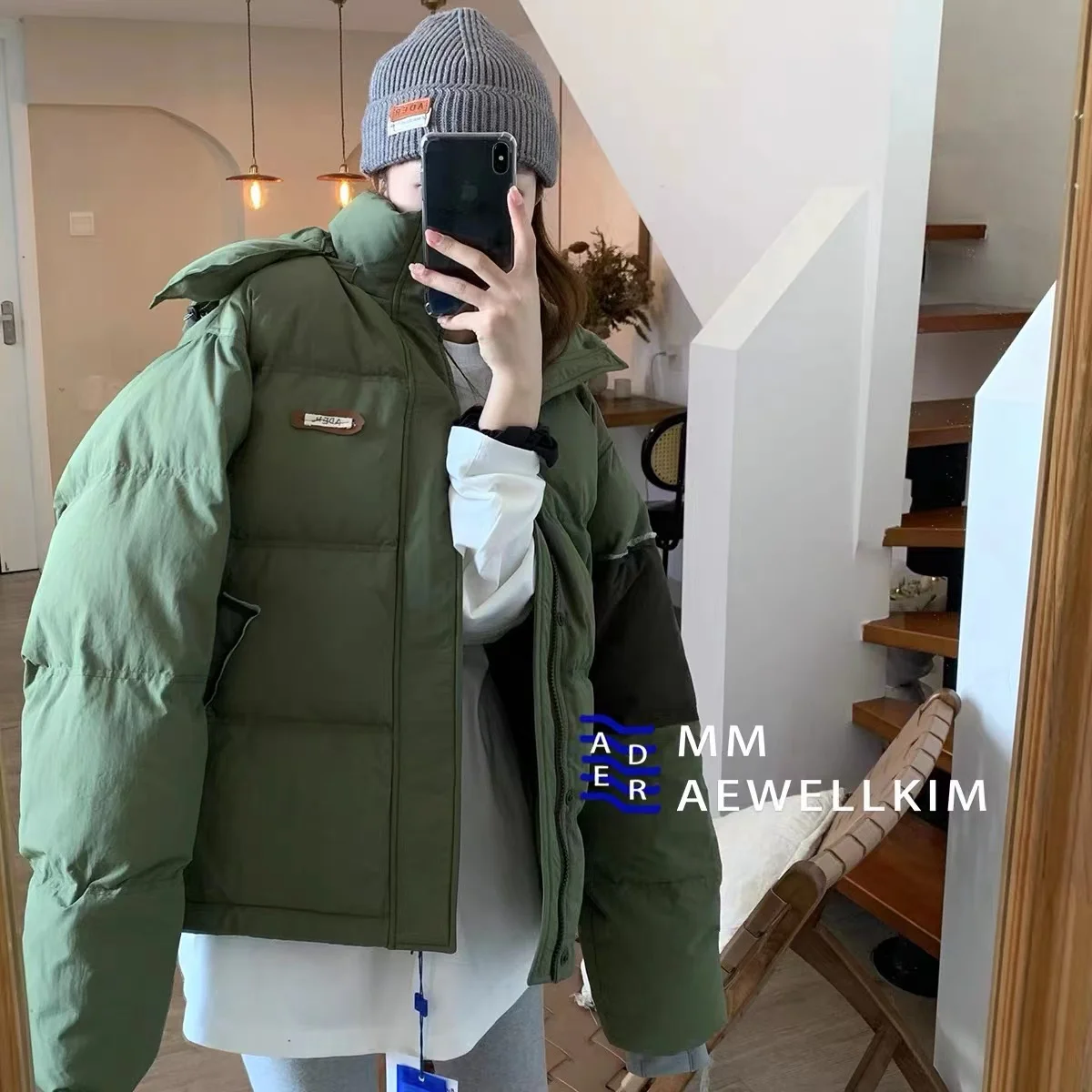 Ader error autumn and winter color contrast long sleeved men's and women's loose hooded white duck down thickened down jacket