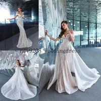 lace mermaid wedding dresses with detachable train plus size wedding gowns appliques beads illusion luxury bridal gowns