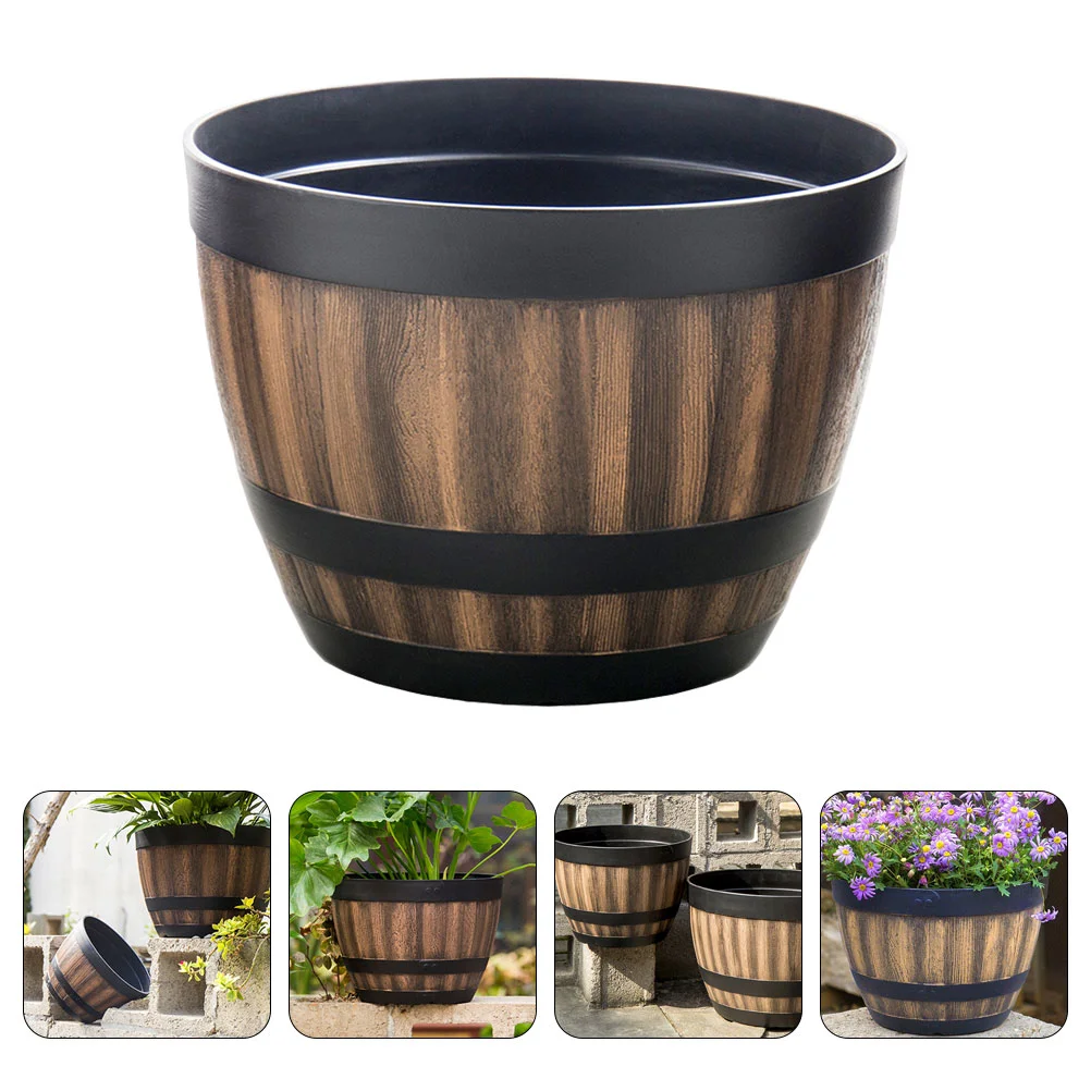 

Flowerpot Imitation Wood Grain Bucket Garden Decorate Planting Barrel Plastic Planter Outdoor