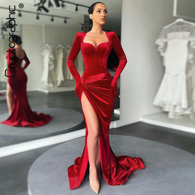 

2023 Elegant Gown Long Dress Evening Club Outfits for Women Gloves Sleeve Velvet Sexy Slit Maxi Dresses Ruched Dresses