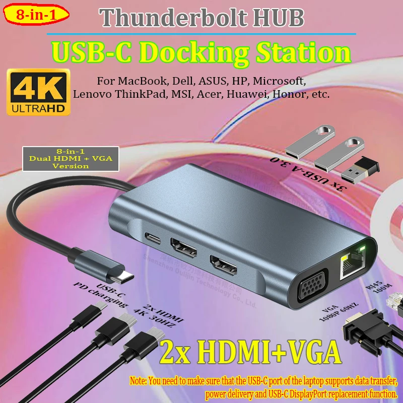 Аксессуары для ноутбуков Thunderbolt HUB USB-C Док-станция 2x HDMI VGA MacBook Air Pro Dell HP Lenovo ThinkPad Asus