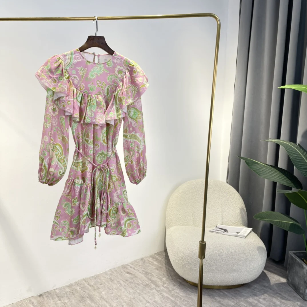

Green Paisley Print Ruffles Mini Dresses with Belt Special Design 2022 Latest Summer Ladies Elegant Top Quality Linen One Piece