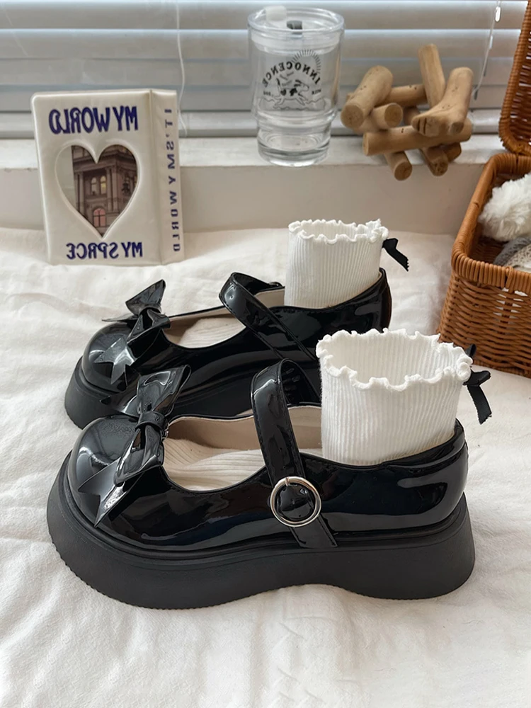 

Female Shoes Lady Med House Slippers Platform Butterfly-Knot 2023 Girl Flat PU Retro Rubber Basic Mary Janes Butterfly-knot