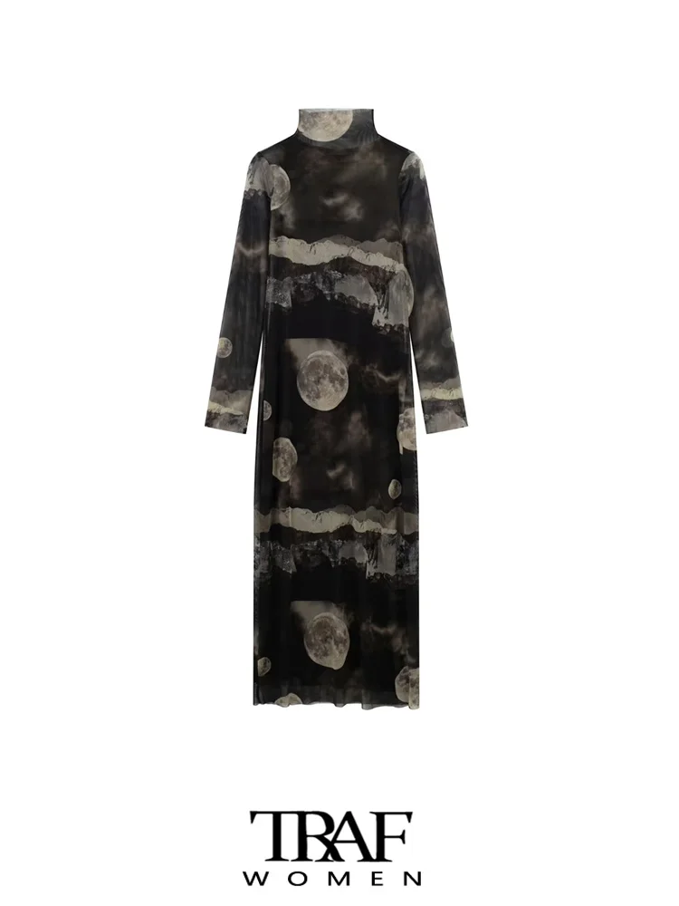 

TRAF Women Fashion With Lining Printed Tulle Midi Dress Vintage High Neck Long Sleeve Female Dresses Vestidos Mujer