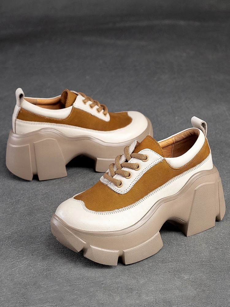 Beffery Women's Chunky Sneakers Genuine Leather Flats Platform Shoes Handmade Round Toe And Lace-up Low-top Sneakers