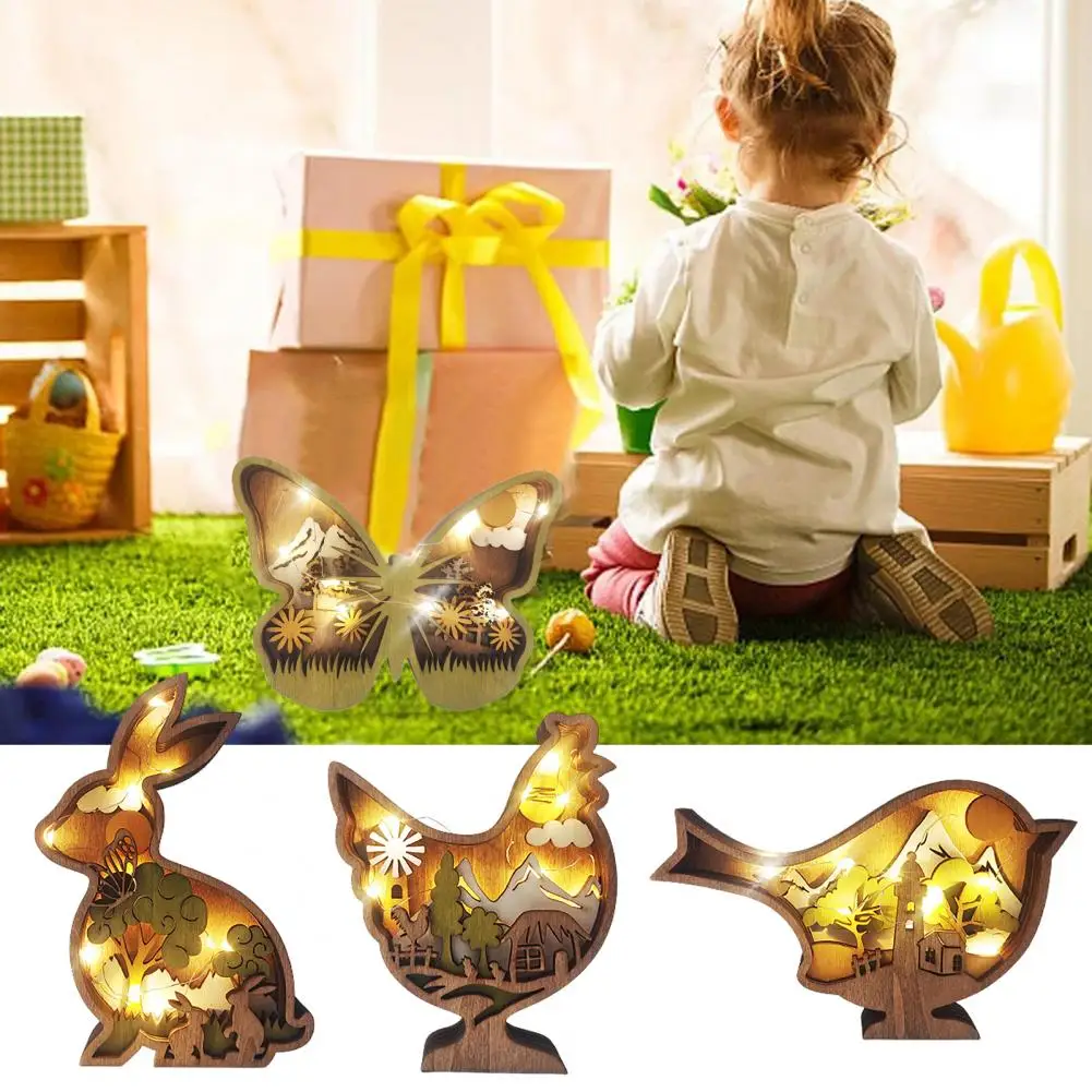 

Easter Wooden Craft Battery Powered Hollow-out Design Decorative 4 Styles Wooden LED Lamp Bunny Chick Craft Party Decoration
