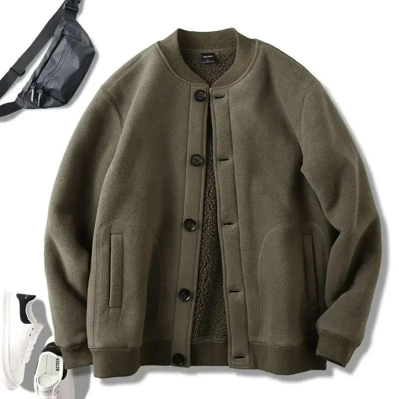 

Men's Jacket Autumn Winter Polar Fleece Stitching Double Layer Stand Collar Thickened Single-breasted Solid Color Jackets Tops