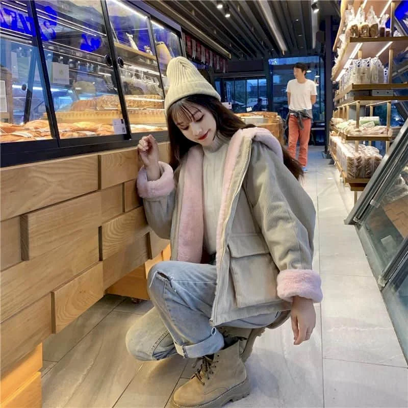 2021 New Cotton Plus Velvet Loose Hooded Corduroy Long-sleeve Coats Thicken Jackets Female Student Autumn Winter Korean Overcoat
