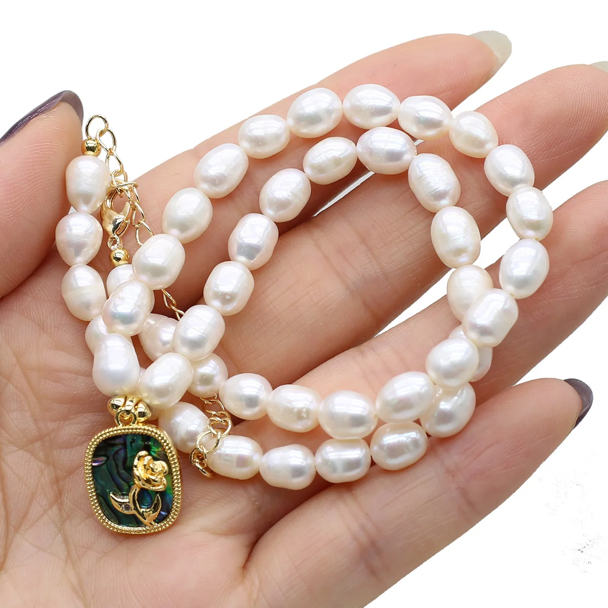 

6-7mm Rice Beads Natural Freshwater Pearl Necklace Square Pendant for Women Wedding Gift Jewelry 37+5cm Necklaces for Women