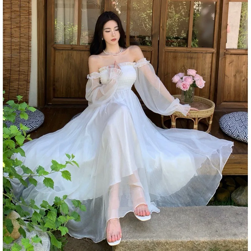 Женское платье Элегантное летнее женское однотонное белое с пышными рукавами