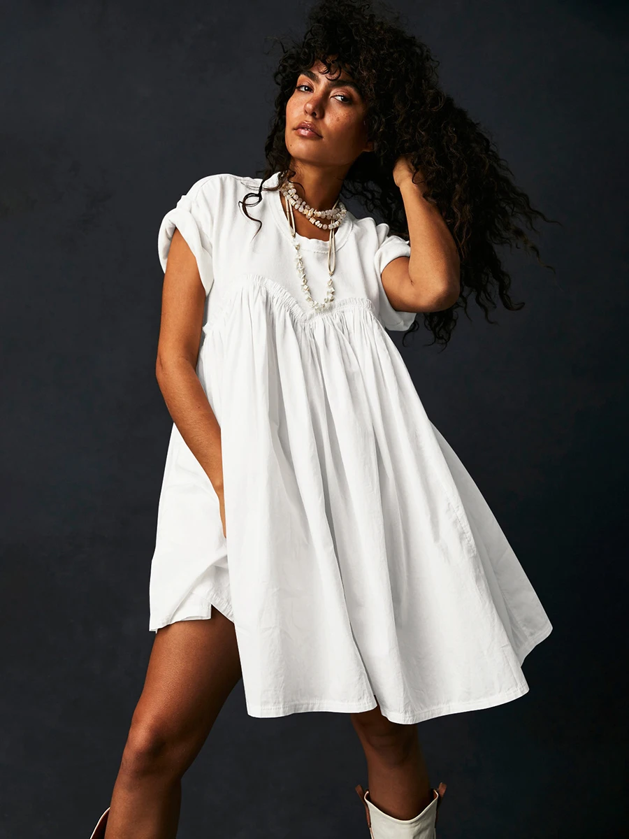 

Женское свободное платье с коротким рукавом, однотонное удобное платье с круглым вырезом в уличном стиле, новинка весны-лета 2024