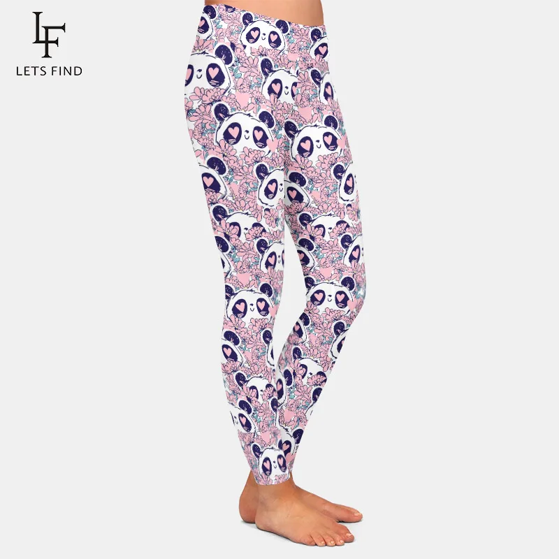 LETSFIND 3D Panda Bear and Flowers Print Slim Women Pants Fashion High Waist  Soft Fitness Elastic Leggings