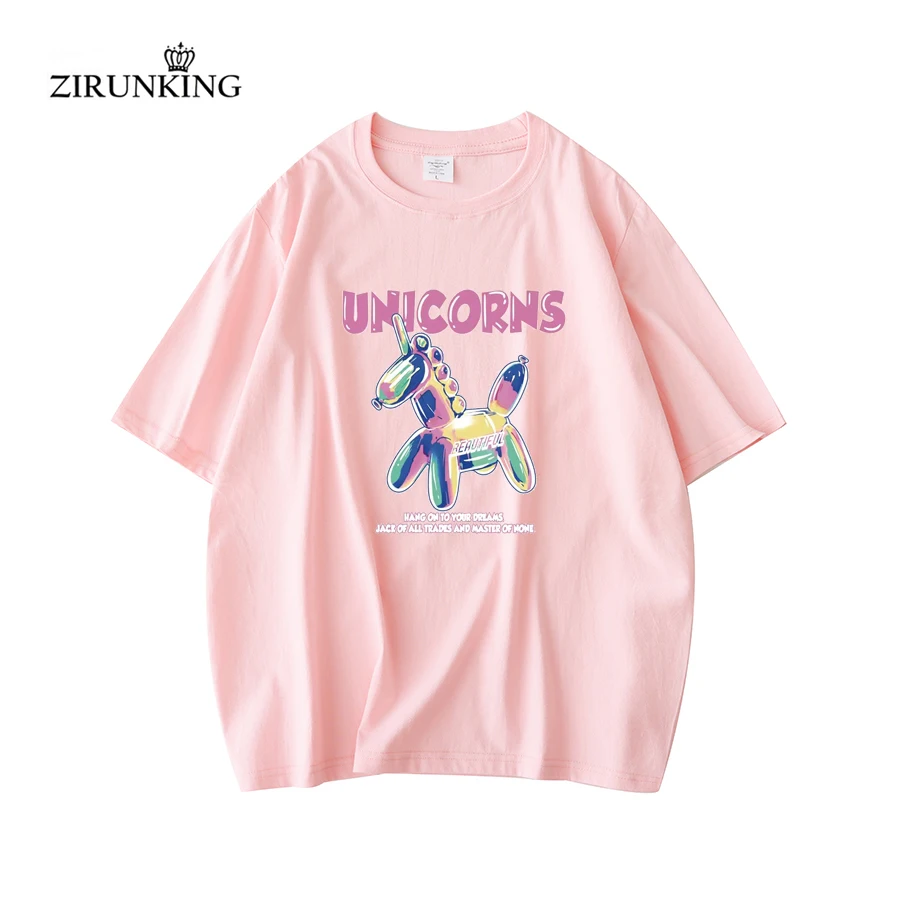 ZIRUNKING Vintage Cotton Woman Short Sleeve T Shirts Summer Balloon Pony Print Pink O-Neck Tee For Female Purple Loose Tops