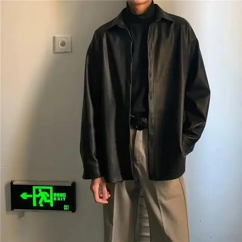 Модная весенне-осенняя мужская кожаная куртка с лацканами в корейском стиле