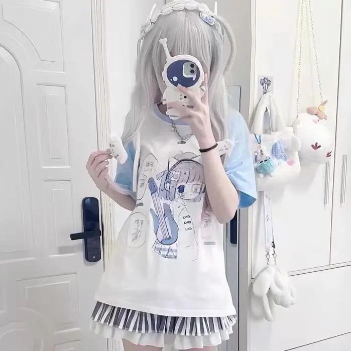 Фото Японская милая летняя новая футболка с коротким рукавом в стиле аниме Harajuku Sweet Girl, повседневные универсальные графические футболки Y2k Top №4